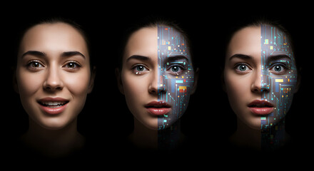 A conceptual series showing a woman's emotional transformation into a futuristic cyborg with digital facial integration.