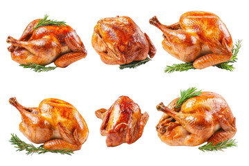 Six deliciously roasted whole chickens with fresh rosemary sprigs isolated on transparent background