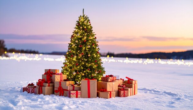 Magical Christmas tree glows with gifts in snowy landscape at dreamy sunset making holiday wishes come true