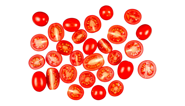 Scattered arrangement of cut and whole cherry tomatoes on a solid black background overhead view flat lay isolated on transparent background  - Powered by Adobe