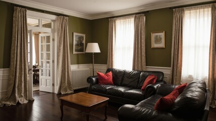 A warm and inviting traditional living room featuring dark leather sofas with red accent pillows, elegant beige curtains, and a classic wooden coffee table. The olive green walls and rich wood floorin
