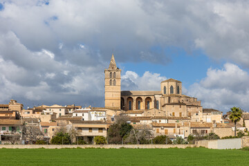 Townscape of Sineu with parish church Nuestra Senyora de los Angeles, also Santa Maria Church or...