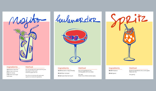 Hand-Drawn Ink Cocktail Posters – Mojito, Boulevardier, Spritz – Italian Dolce Vita Style