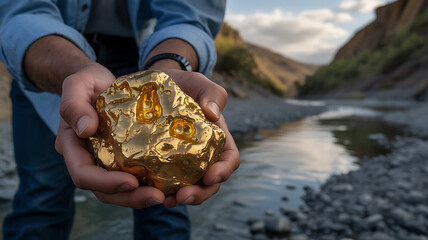 Gold in Rocks and Minerals, Gold nugget held by hands, mountain river