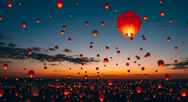 A multitude of glowing sky lanterns float upwards against a twilight sky illuminating the ground below