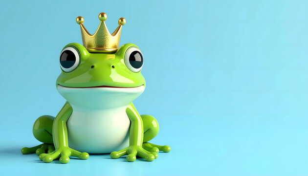 A cartoon frog wearing a golden crown against a blue backdrop.