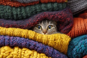 Tabby cat hiding under warm blanket at home. Cute pet. Hide and seek. Furry cat nestling between soft knitted sweaters, relaxing in comfortable hiding spot. Feline muzzle peeks out from under blanket