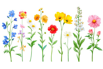 Collection of colorful wildflowers including blue delphiniums daisies poppies yellow buttercups and pink roses isolated on transparent background