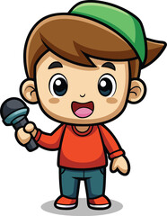 a cute boy cartoon with microphone on white background