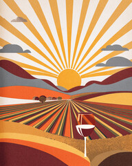 Art Deco vineyard landscape with stylized hills, wine glass in foreground, radiant lines and golden sunburst
