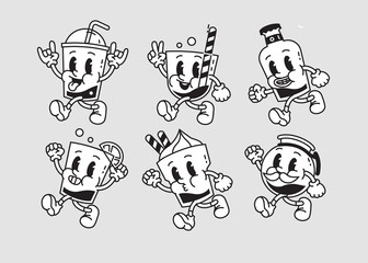 Cute Drink Characther Illustration Set Retro Black and white Style