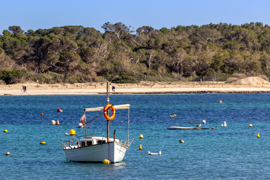 Small traditional llaut boat and buoys in the harbor bay of Colonia de Sant Jordi, Majorca, Mallorca, Balearic Islands, Spain, Europe
