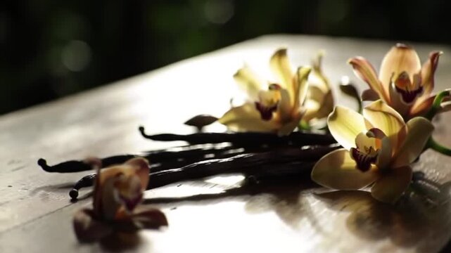 Vanilla Pods and Orchid Flowers Resting on Rustic Wooden Surface Illuminated by Soft Natural Light