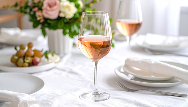 Glass of rosé wine on white linen tablecloth