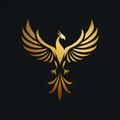 Obraz premium A golden phoenix with outstretched wings is depicted against a dark background. The stylized bird features textured details and a symmetrical design.