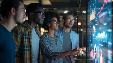 Group of professionals interact with a large interactive screen in a modern workspace, showing teamwork, digital tools, and creative technology use in business environment - Powered by Adobe