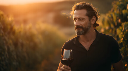 A man with a beard and a black shirt holds a glass of red wine in a vineyard at sunset. He looks off camera.