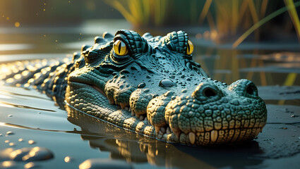 Fototapeta premium Crocodile Macro Portrait with Sharp Skin Detail and Swamp Background