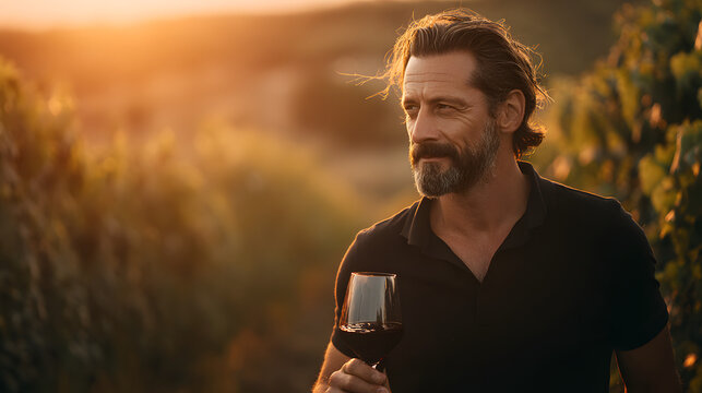 A man with a beard and a black shirt holds a glass of red wine in a vineyard at sunset. He looks off camera.