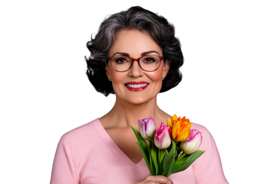 Smiling woman holding colorful flowers in springtime