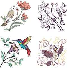 bright, bold, floral and bird-themed cartoon images  illustration