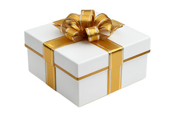 White Luxury Gift Box with Metallic Gold Ribbon and Bow, Front View, Isolated on Transparent Background PNG
