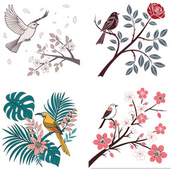bright, bold, floral and bird-themed cartoon images  illustration