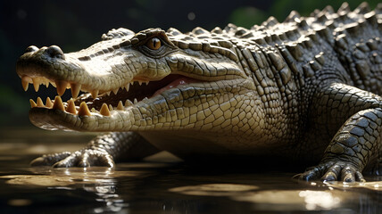 Obraz premium Macro Close-Up of Crocodile Head with Detailed Skin Texture in Natural Habitat