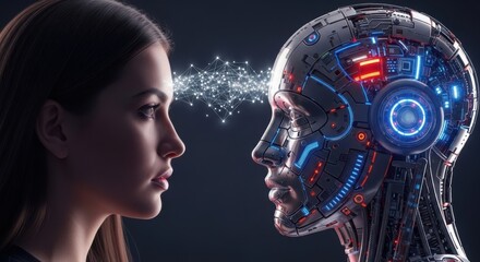 Human robot face to face with glowing connection them