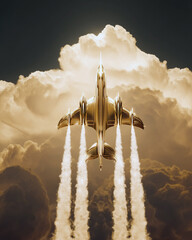 Art Deco airplane soaring through golden clouds, chrome wings, symmetrical trail, vintage aviation elegance