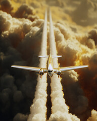 Art Deco airplane soaring through golden clouds, chrome wings, symmetrical trail, vintage aviation elegance