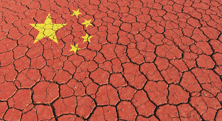 China Flag on Dry Cracked Earth Symbolizing Drought and Environmental Issues Fast Crisis