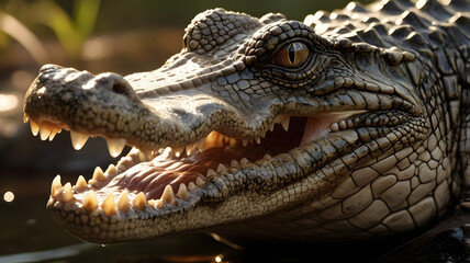 Fototapeta premium Crocodile Macro Portrait with Sharp Skin Detail and Swamp Background
