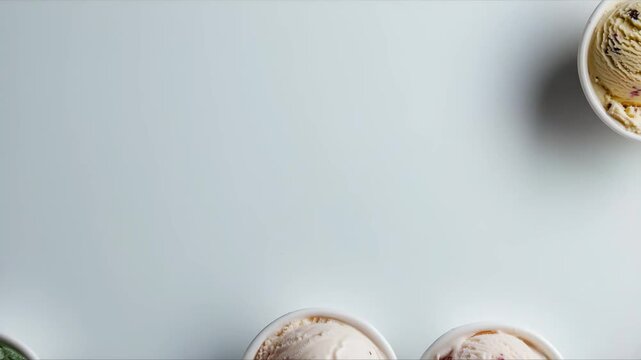 Scoops of colorful ice cream in cups arranged on white background. Ice cream disappears and reappears in sequence. Loop animation concept, fun and playful.