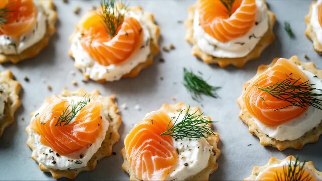 Small round crackers topped with cream cheese, slices of smoked salmon, and fresh dill. Perfectly arranged bite-size canapes. Elegant and savory.