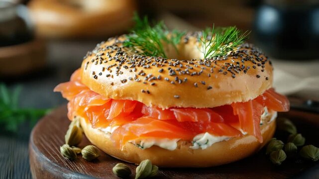 Close-up of a poppy seed bagel filled with cream cheese and slices of smoked salmon, garnished with fresh dill. Served on a wooden board. Rich and savory.