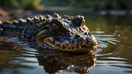 Fototapeta premium Macro Close-Up of Crocodile Head with Detailed Skin Texture in Natural Habitat