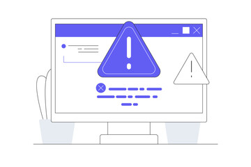 Concept of system error, software problem or system failure, security warning, hardware error to be repaired, maintenance.  Repair system failure message on computer. Flat Cartoon Vector Illustration 