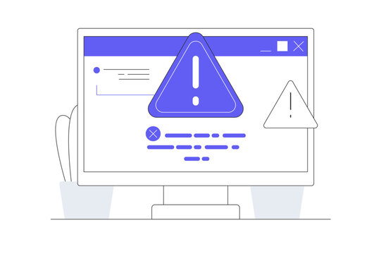 Concept of system error, software problem or system failure, security warning, hardware error to be repaired, maintenance.  Repair system failure message on computer. Flat Cartoon Vector Illustration 