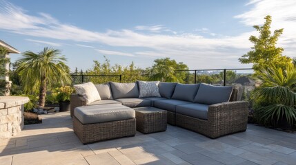 Elegant outdoor living space featuring a wicker sectional sofa set with city view
