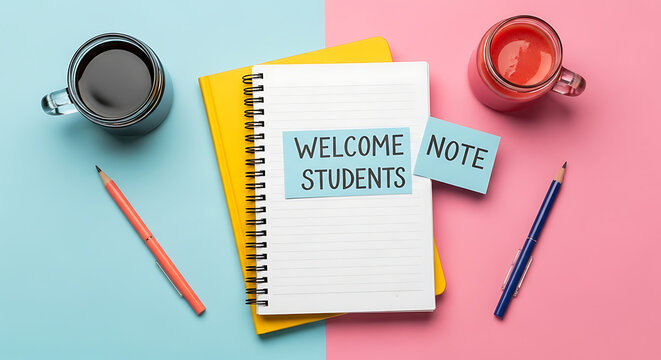 Back to school flat lay with notebook, coffee, and welcome note ai generated