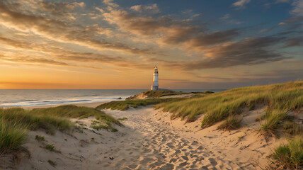 Fototapeta premium Panoramic landscape photograph capturing a serene coastal scene during sunset.