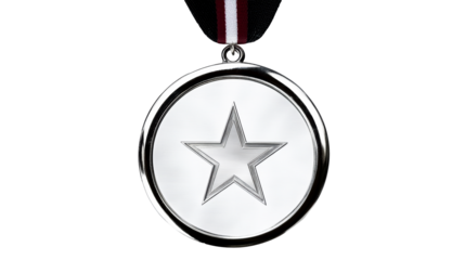 A silver medal featuring a prominent star design hangs from a ribbon