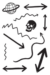 A hand-drawn vector doodle set with an edgy, sketchy vibe. Features a skull, a ringed planet, and a variety of arrows and abstract zigzag lines in a simple, black-and-white style.