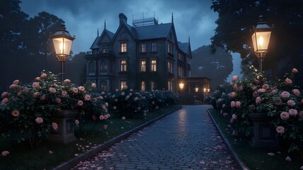 Mysterious victorian mansion at dusk with illuminated garden path and blooming roses