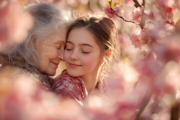 Happy senior grandmother with her teenage granddaughter hugging in nature on a spring day, showcasing the loving connection across generations, Generative AI