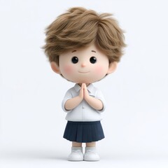 Cartoon Character Offering Gratitude: A charming cartoon character dressed in a school uniform, offering a gesture of gratitude.