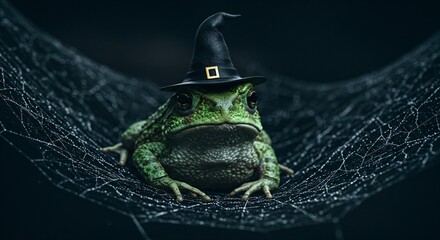 A toad wearing a witch hat sits near cobwebs on a black background for halloween holiday and fall decor.