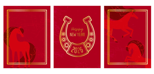 set of postcards with a red horse symbol 2026 and a golden horseshoe with a greeting and space for text. red background with skin texture. stock vector illustration. EPS 10.
