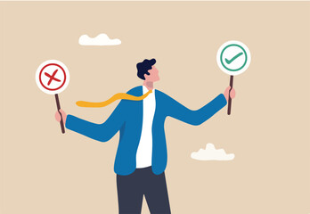 Business decision right or wrong, true or false, correct and incorrect, moral choosing option concept, thoughtful businessman holding right or wrong of left and right hand while making decision.